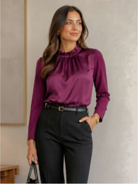 Banana Republic Ruffle Mock-Neck Polyester/Modal Blouse Plum Petite L